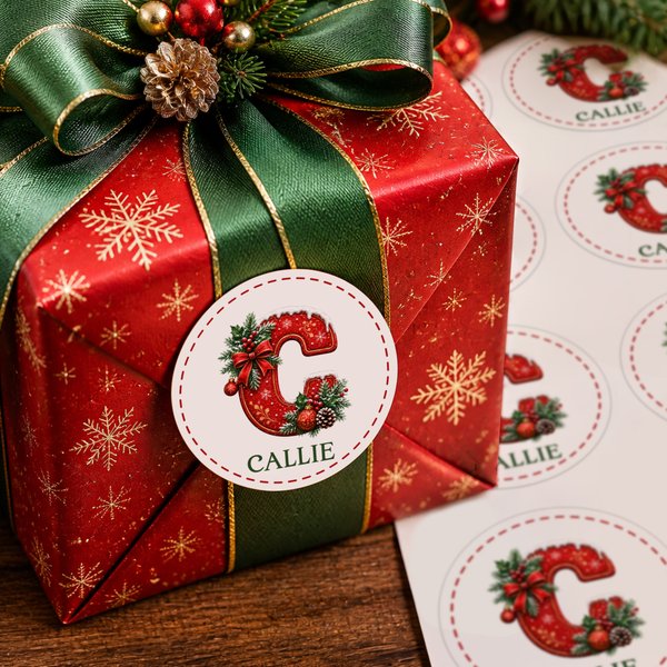Personalized Christmas Theme Initial Waterproof Sticker Labels with Name Christmas Decor Party Favors for Family Friends
