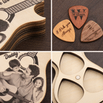Personalised Handmade Wooden Photo Guitar Pick Holder with Text and 3 Engraved Picks Anniversary Gift for Guitarist Guitar Player