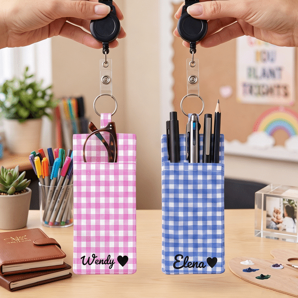 Personalised Gingham Pen Holder Pouch with Name and Retractable Badge Reel Daily Use Back to School Appreciation Gift for Teachers Educators