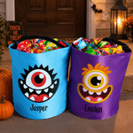 Personalised Cartoon Monster Eyeball Reusable LED Light Sweets Bucket with Name Trick or Treat Halloween Gift for Boys Girls