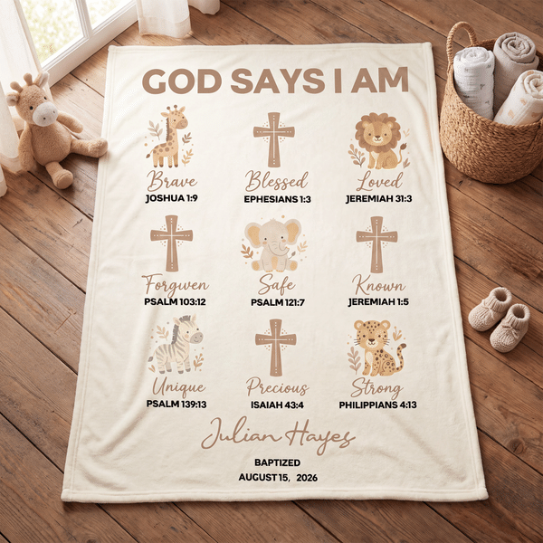 Personalized God Says I Am Cross Animal Soft Throw Blanket with Name and Date Nursery Decor Baptism Gift for Newborns Parents