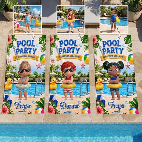 Personalised 3D-Style Art Pool Party Cartoon Kid Character Quick Dry Oversized Beach Towel with Name and Text Beach Pool Party Birthday Gift for Kids