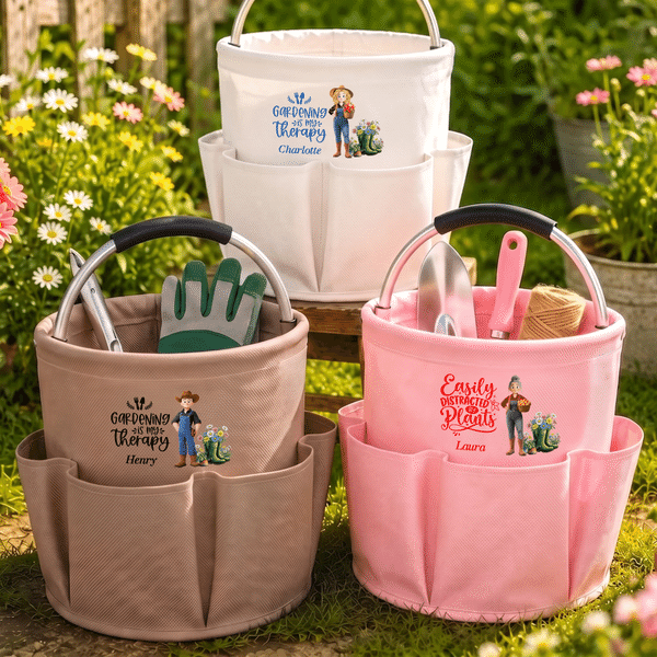 Personalized Birth Flower Cartoon Character Gardening Bag with Text and Name Retirement Birthday Gift for Gardening Lovers