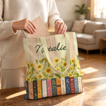 Gepersonaliseerde gestreepte draagtas met geboortebloem-motief en naam – voor dagelijks gebruik, als verjaardags-, jubileum- of kerstcadeau voor boekenliefhebbers en meisjes