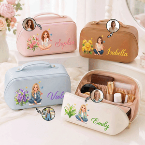 Neceser de maquillaje de cuero sintético PU personalizado con foto de un personaje de dibujos animados en acuarela, flor del mes de nacimiento y nombre; ideal como regalo de cumpleaños o para el día a