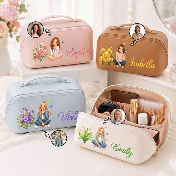 Personalised Watercolor Cartoon Character Photo Birth Flower PU Leather Makeup Bag with Name Daily Travel Birthday Gift for Women Friends