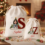 Personalised 3D-Style Artwork Cartoon Character Design Canvas Drawstring Gift Bag with Initial and Name Christmas Gift for Boys Girls