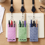 Personalised Gingham Pen Holder Pouch with Name and Retractable Badge Reel Daily Use Back to School Appreciation Gift for Teachers Educators