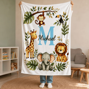 Couverture douce personnalisée avec nom - Motif d'animaux - Cadeau naissance et anniversaire pour bébé