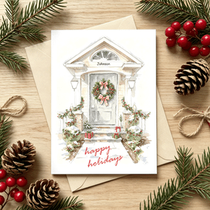 Personalized Watercolor Christmas Theme Front Porch Greeting Card with Family Surname and Text Christmas Gift for Family Friends