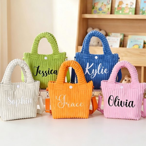 Personalized Multicolor Cute Embroidered Name Corduroy Crossbody Bag Birthday Back to School Gift for Kids Girls Boys