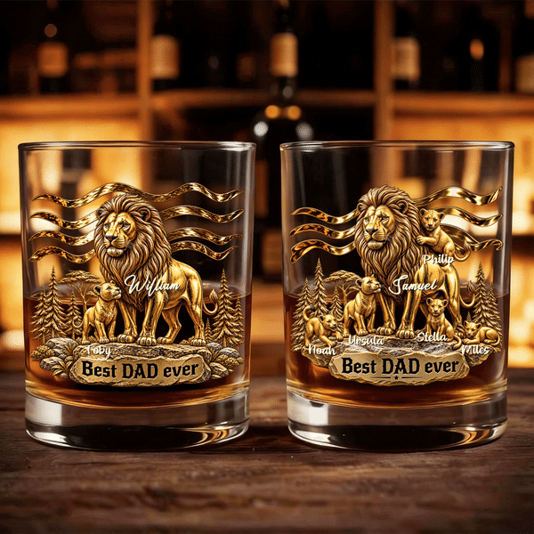 Personalised 3D-Effect Artwork Lion Best Dad Ever 1-5 Children's Name 10 oz Rock Whisky Glass Christmas Birthday Gift for Dad Grandfather