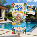 Personalised 3D-Style Art Pool Party Cartoon Kid Character Quick Dry Oversized Beach Towel with Name and Text Beach Pool Party Birthday Gift for Kids