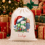 Personlig presentpåse i 3D-stil med tecknad figur och jultomteluva, med dragsko, namn och initialer – julklapp till barn