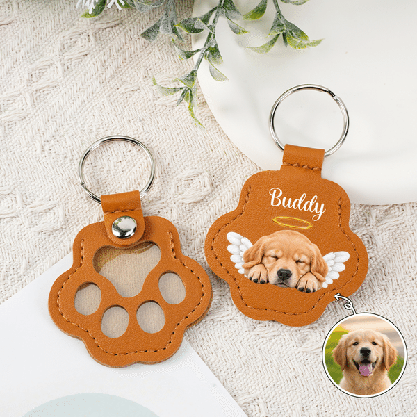 Personalized Angel Wings Pet Photo Paw-Shaped PU Leather Keychain with Name Fur Keepsake Sympathy Birthday Gift for Pet Lover