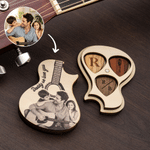 Personalised Handmade Wooden Photo Guitar Pick Holder with Text and 3 Engraved Picks Anniversary Gift for Guitarist Guitar Player