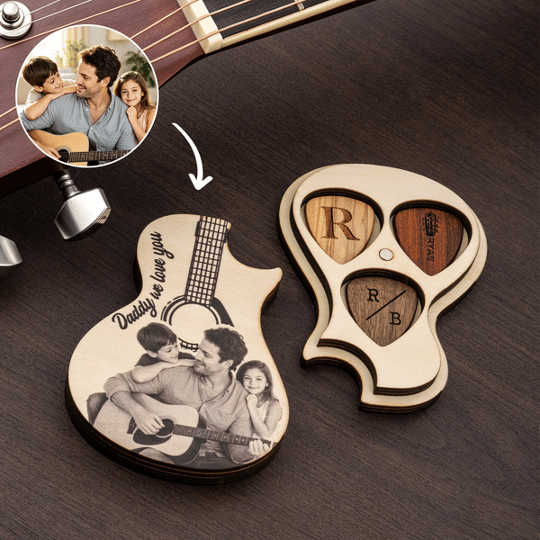 Personalised Handmade Wooden Photo Guitar Pick Holder with Text and 3 Engraved Picks Anniversary Gift for Guitarist Guitar Player