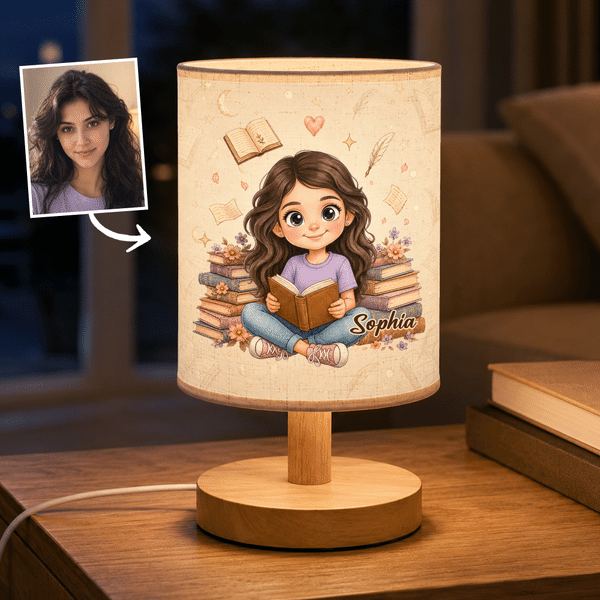 Personalised Vintage Cartoon Character Reading Book Photo Table Lamp with Name Home Decor Birthday Gift for Book Lover Family