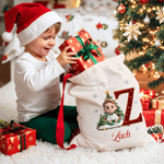 Personalised 3D-Style Artwork Cartoon Character Design Canvas Drawstring Gift Bag with Initial and Name Christmas Gift for Boys Girls
