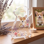 Individuelles Blumen-Hundeporträt – Acryl-Ornament in Sternform mit Name und Jahr – Wohnaccessoire, Gedenkgeschenk, Beileidsgeschenk bei Verlust eines Haustieres für Tierhalter