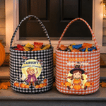 Personalized Cute Cartoon Character Photo Pumpkin Checkered Candy Bucket with Name Halloween Party Gift for Children