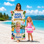 Personalised 3D-Style Art Pool Party Cartoon Kid Character Quick Dry Oversized Beach Towel with Name and Text Beach Pool Party Birthday Gift for Kids