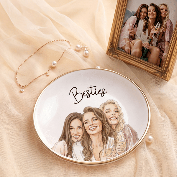 Personalized Watercolor Besties Photo Ceramic Jewelry Dish Home Decor Birthday Christmas Gift for Besties Friends
