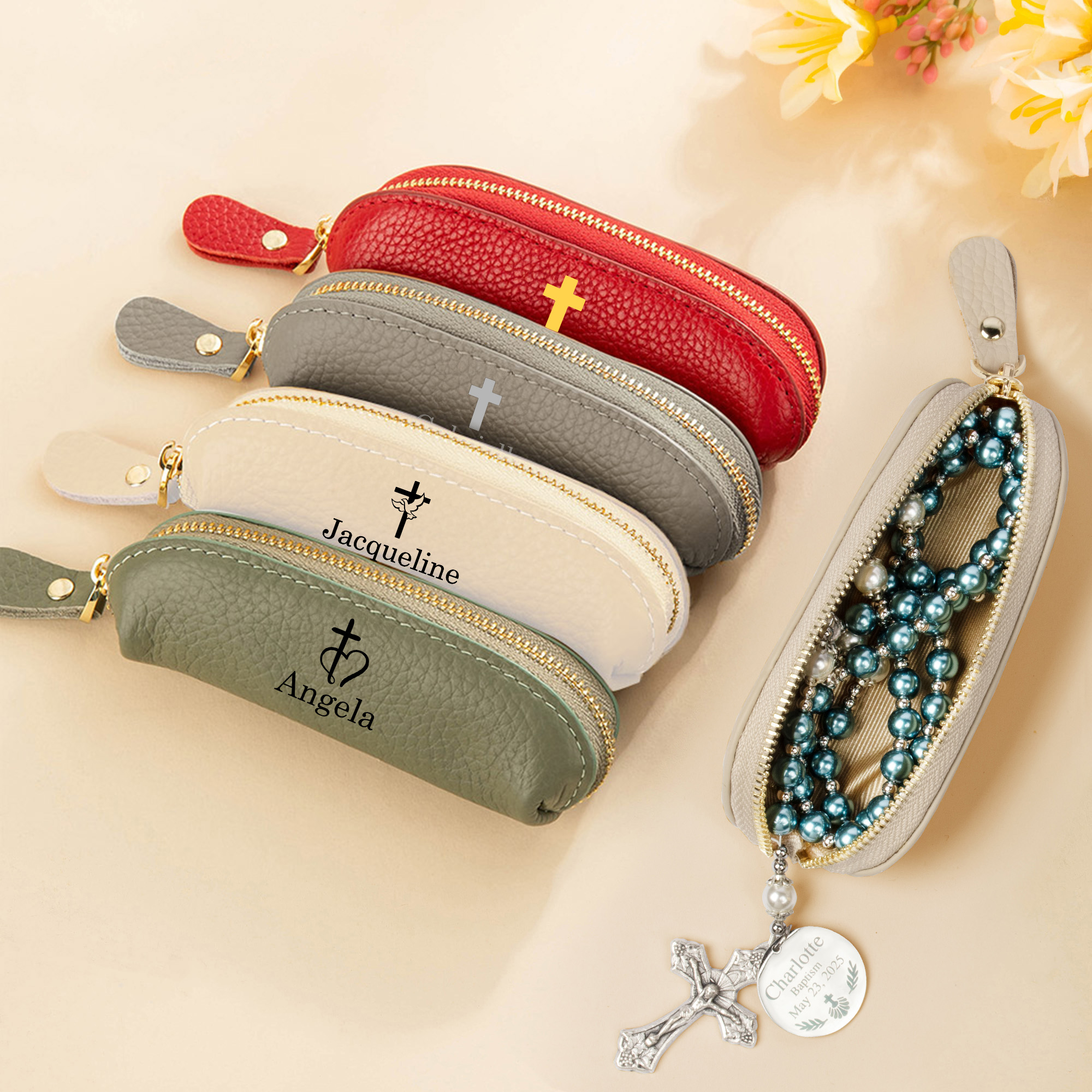 Carry His Grace Everywhere - Personalisierte PU Leder Rosenkranz Münze Geldbeutel mit Namen - Christliches Geschenk für Taufe, Weihnachten & Konfirmation