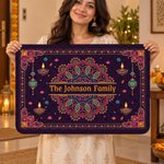 Personalized Indian Festival Religious Mandala Lotus Diya Non-Slip Doormat with Name Home Decor Diwali Deepavali Gift for Family Friends
