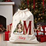 Personalised 3D-Style Artwork Cartoon Character Design Canvas Drawstring Gift Bag with Initial and Name Christmas Gift for Boys Girls