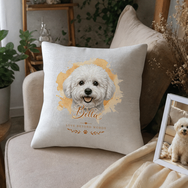 Personalized Watercolor Pet Photo Multicolor Soft Throw Pillow Cover with Name and Text Home Decor Pet Loss Memorial Gift for Pet Owners