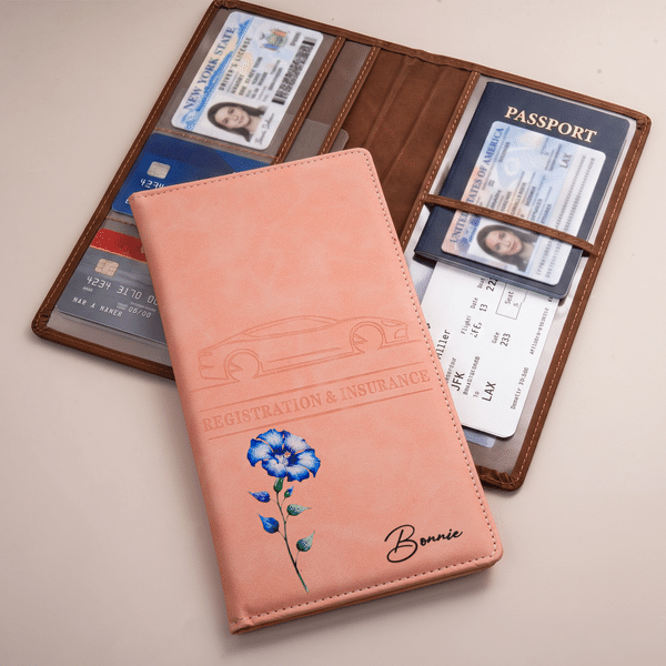 Portadocumenti personalizzato in pelle PU con motivo floreale del mese di nascita, porta targa e porta documenti con nome, ideale per l'uso quotidiano, come regalo di compleanno o per l'acquisto di un