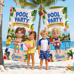 Personalised 3D-Style Art Pool Party Cartoon Kid Character Quick Dry Oversized Beach Towel with Name and Text Beach Pool Party Birthday Gift for Kids
