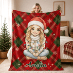 Individuell gestaltete Weihnachtsmütze – karierte Kuscheldecke mit Cartoon-Figur und Haustierfoto, mit Namen – Wohnaccessoire und Weihnachtsgeschenk für Familie und Kinder