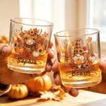 Personalized Highland Cow Squirrel Autumn Theme 10 oz Rock Whiskey Glass with Name Thanksgiving Day Autumn Gathering Gift for Family Whiskey Drinkers