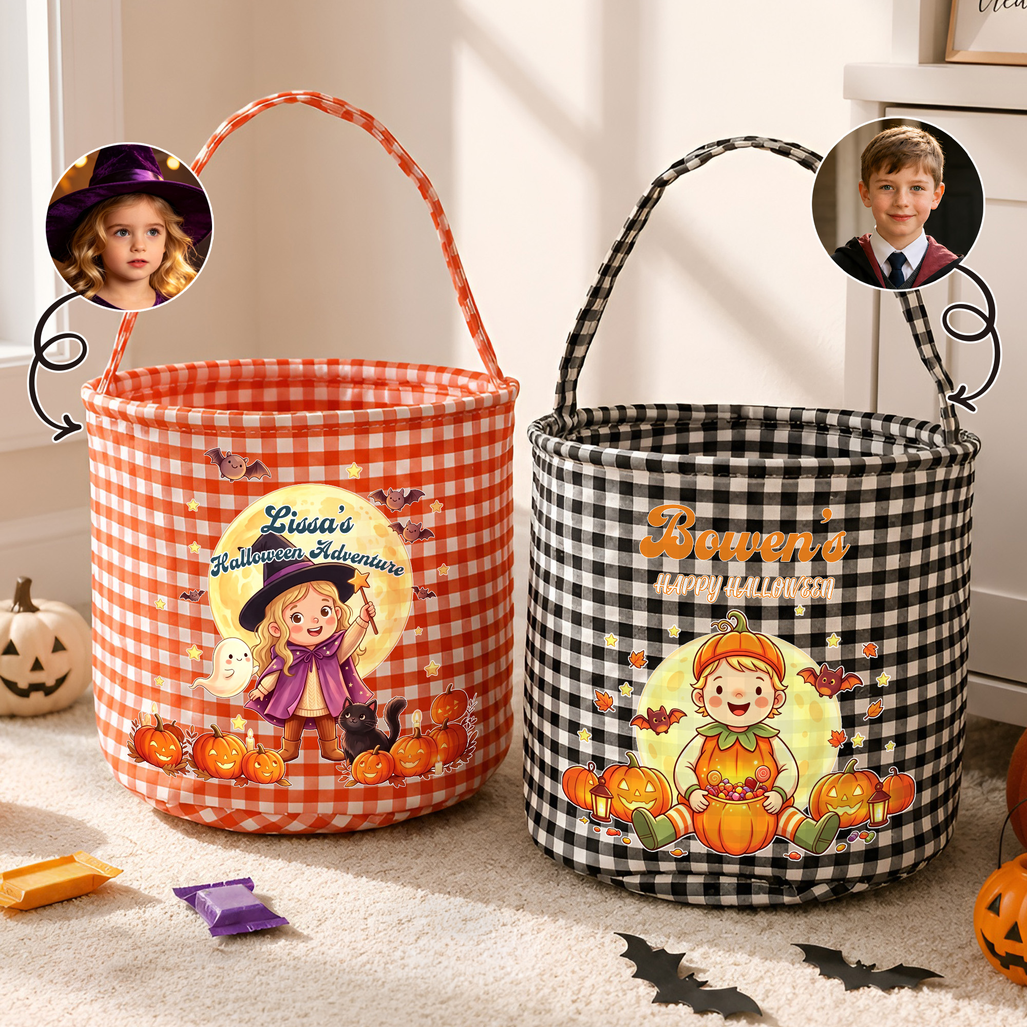 Individuell gestalteter, niedlicher Foto-Kürbis mit Cartoon-Figur und kariertem Süßigkeiten-Eimer mit Namensaufdruck – Halloween-Party-Geschenk für Kinder