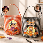 Personalized Cute Cartoon Character Photo Pumpkin Checkered Candy Bucket with Name Halloween Party Gift for Children