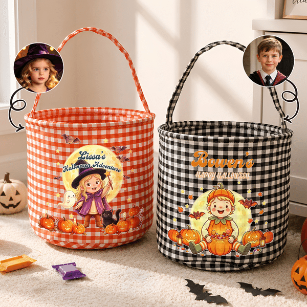 Personalized Cute Cartoon Character Photo Pumpkin Checkered Candy Bucket with Name Halloween Party Gift for Children