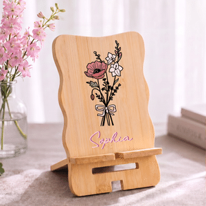 Support de téléphone en bambou personnalisé avec la fleur de naissance et le prénom – Idéal pour le bureau et au quotidien – Cadeau d'anniversaire pour un ami ou un collègue de travail