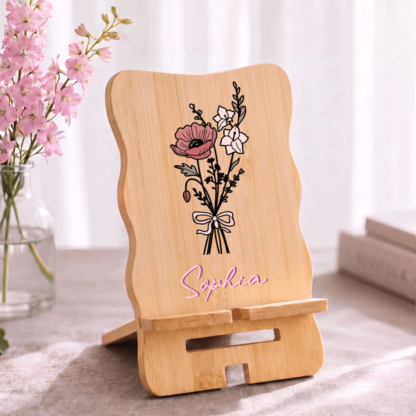 Personalisierter Handyhalter aus Bambus mit Geburtsblume und Namen – für den täglichen Gebrauch im Büro, als Geburtstagsgeschenk für Freunde und Büroangestellte