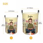 Cesta de la ropa de gran capacidad con diseño personalizado de personajes de lectura en estilo 3D y nombre, ideal como decoración para el hogar o regalo de cumpleaños para los amantes de la lectura