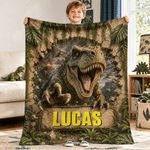 Couverture douillette personnalisée avec motif de dinosaure préhistorique en relief 3D, avec prénom – Décoration de chambre – Cadeau d'anniversaire pour les petits garçons