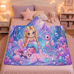 Personalized 3D-Effect Artwork Cartoon Mermaid Photo Ocean Animals Soft Hooded Blanket with Name Birthday Christmas Gift for Kids