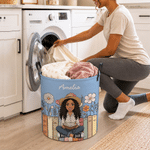 Cesta de la ropa de gran capacidad con diseño personalizado de personajes de lectura en estilo 3D y nombre, ideal como decoración para el hogar o regalo de cumpleaños para los amantes de la lectura