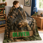 Couverture douillette personnalisée avec motif de dinosaure préhistorique en relief 3D, avec prénom – Décoration de chambre – Cadeau d'anniversaire pour les petits garçons