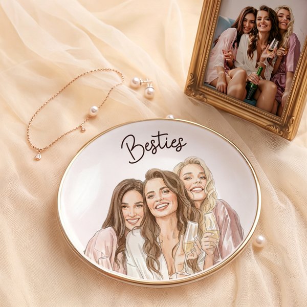 Personalised Watercolor Besties Photo Ceramic Jewellery Dish Home Decor Birthday Christmas Gift for Besties Friends