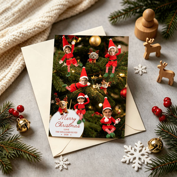 Personalised Christmas Theme Funny Elf Photos Greeting Card with Family Name and Year Christmas Gift for Family Friends