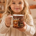 Tasse à café en céramique de 11 oz, motif vintage personnalisé « vache des Highlands » en cuir, avec prénom – Cadeau d'anniversaire pour un usage quotidien, destiné aux amateurs de vaches des Highland