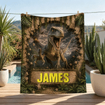 Couverture douillette personnalisée avec motif de dinosaure préhistorique en relief 3D, avec prénom – Décoration de chambre – Cadeau d'anniversaire pour les petits garçons