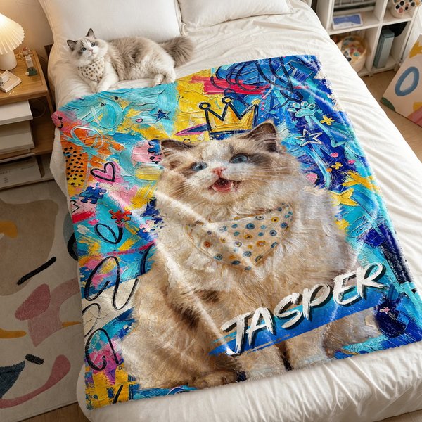 Couverture personnalisée avec photo et nom d'animal de compagnie - Effet graffiti - Cadeau anniversaire pour amoureux des animaux